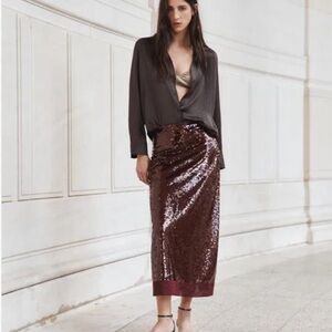 NWT Massimo Dutti Burgundy Sequin Pencil Skirt Size 2 (34 EU)